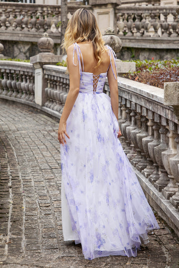 Lavendel Flower A Line Spaghetti stropper Long brudepike kjole med Slit
